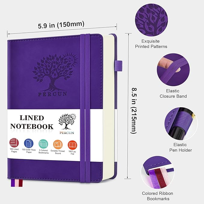 PERCUN Lined Journal Notebook for Men & Women, 160 Pages College Ruled Journal for Writing, A5 Hardcover Leather Notebooks for Work, School, Business, Travel, Daily Diary 5.9" x 8.5" (Purple)