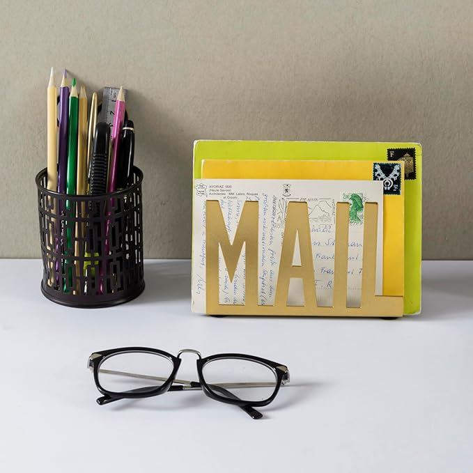 MyGift Mail Holder Organizer Countertop Modern Golden Metal with Cutout MAIL Lettering Design, Office Desktop Envelope and Document Storage Rack