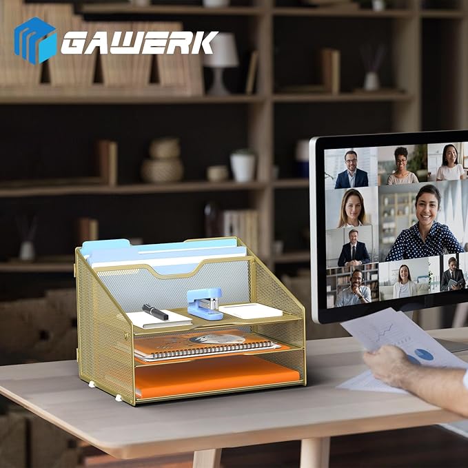 GAWERK Letter Tray Organizer, Mesh Desk File Organizer with 3 Paper Trays and 2 Vertical Upright Section (Gold)