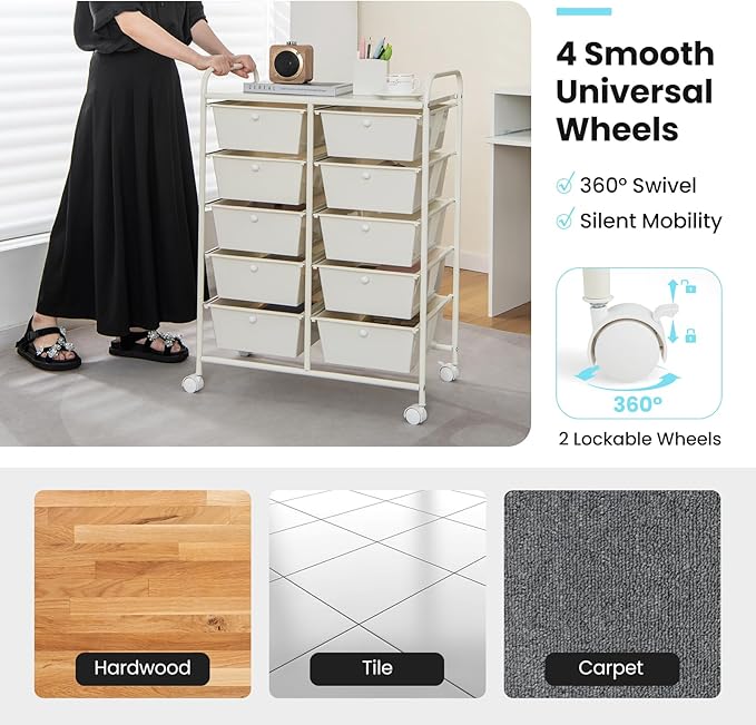GLACER 10 Drawer Rolling Cart, Storage Cart with Lockable Whieels & Metal Frame, Trolley for Art Craft Oganizer, Mobile Utility Cart for Office, School, Classroom, Kitchen (Ivory Color)