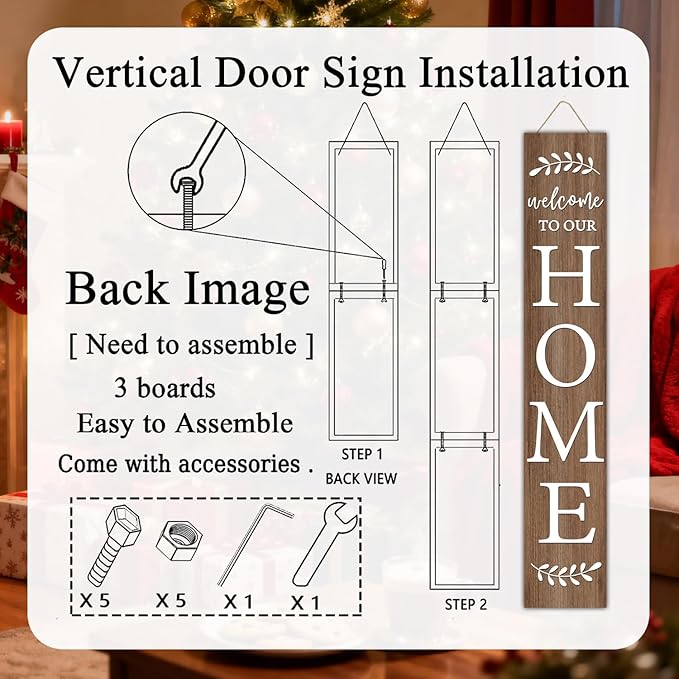 Welcome Sign for Front Porch, 47" Large Wooden Welcome to Our Home Sign Door Hanging Standing Plaque, Farmhouse Vertical Outdoor Porch Decorations for Yard Patio Entrance (Natural)
