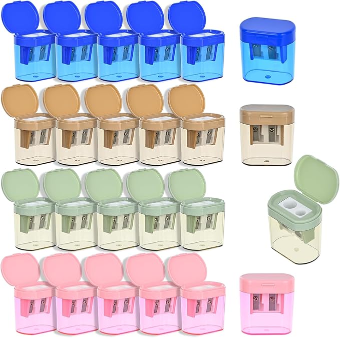 Small Pencil Sharpener for Kids, BOPART 24pcs Colored Pencil Sharpeners Manual Handheld Pencil Sharpener in Bulk for School Classroom Home Office, Dual Holes Sharpener Work on Crayon or Makeup Pencils