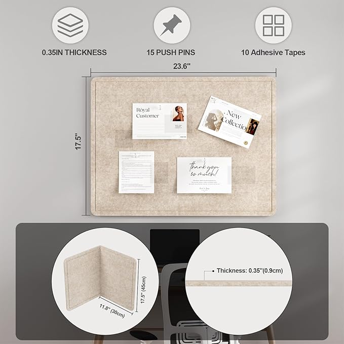Large Felt Bulletin Board for Wall, 24"x18" Frameless Picture Board, Soft Felt Cork Board for Office, Home Planning & Office Wall Decor, Easy Install Pin Board