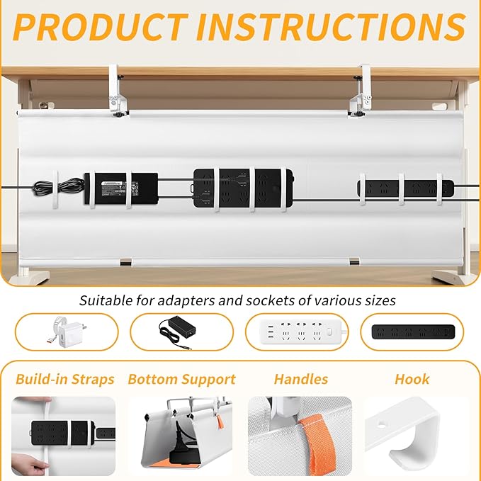 SUREUP9 No Drill Under Desk Cable Management Tray, 48" Cord Organizer with Clamp, Fabric Cable Management for Standing Desks, Ideal for Home & Office - White