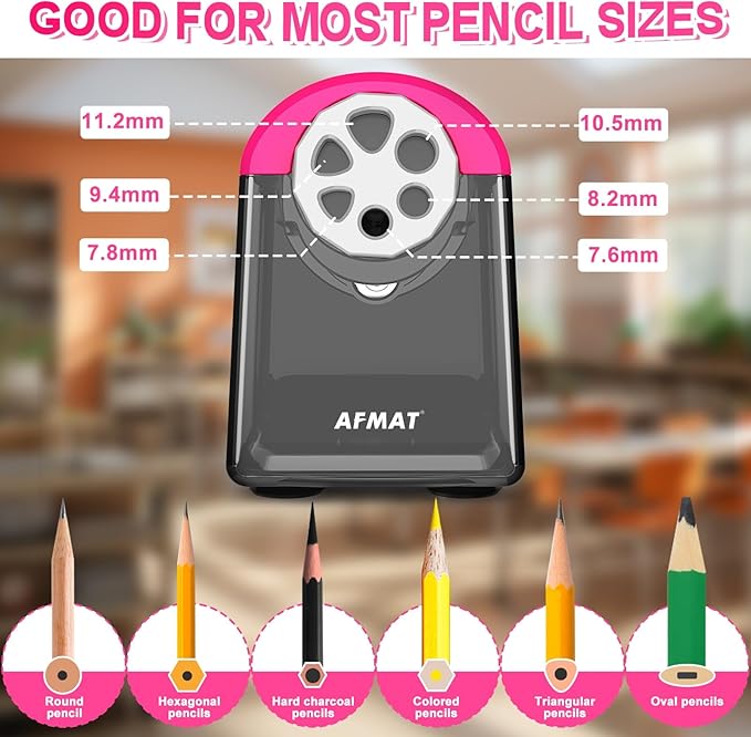 AFMAT PSX2 Electric Pencil Sharpener Heavy Duty, 6 Holes, Auto Stop Pencil Sharpeners for School, Classroom Electric Sharpener for 6-11mm Colored Pencils, Super Fast, 7000 Sharpenings, Pink