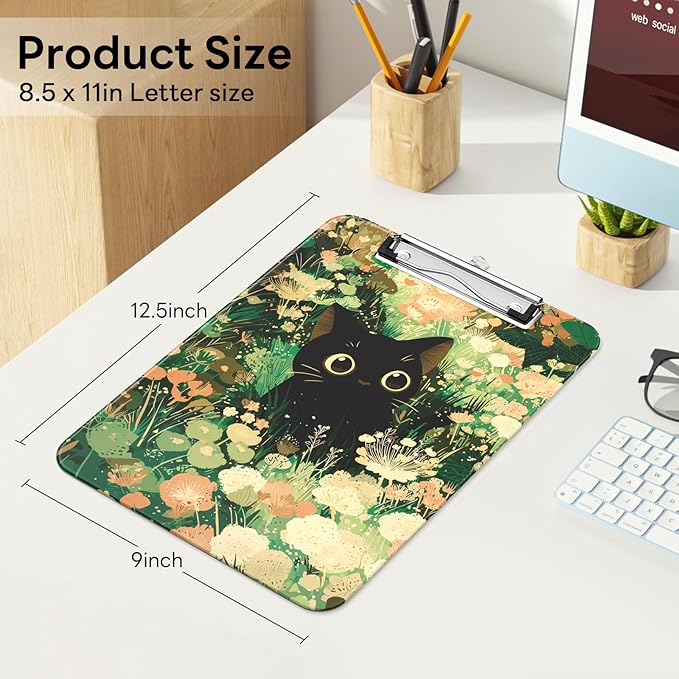Luminzo Plastic Cute Clipboard Low-Profile Metal Clip, A4 Letter Size 9 x 12.5 in, 8.5 x 11 Paper Clip Board for Teachers, Nurses, Classroom,Cute Cat
