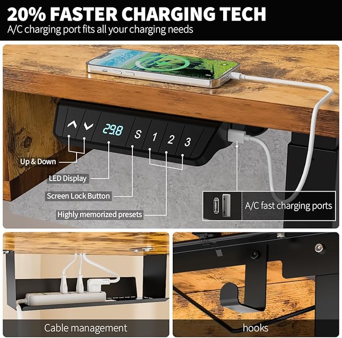 Kingant 55 x 30 Inch Electric Standing Desk with 4 Drawers, Adjustable Height Computer Desk for Home Office, Large Workstation Sit Stand Up Desk with Built-in USB A/C Charging Ports, Rustic Brown