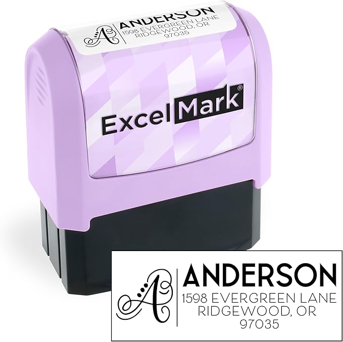 ExcelMark Address Stamp - Custom Return Address Stamp with Elegant Designs, Vibrant Colors & Patterns – Perfect for Mail, Invitations & Gifts (Violet Mount, Script Swirl)