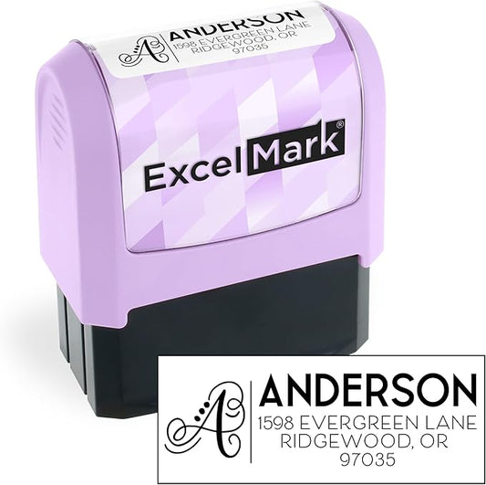 ExcelMark Address Stamp - Custom Return Address Stamp with Elegant Designs, Vibrant Colors & Patterns – Perfect for Mail, Invitations & Gifts (Violet Mount, Script Swirl)