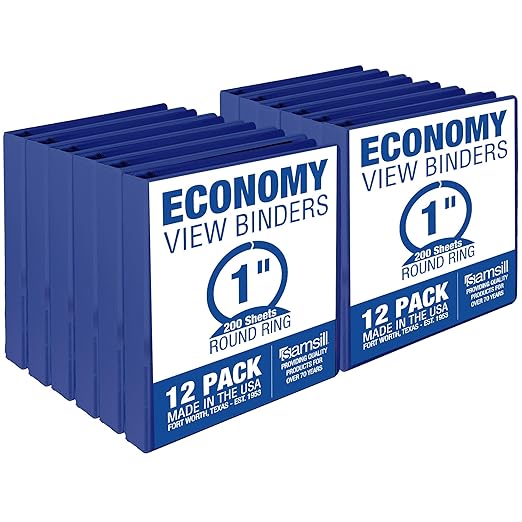 Samsill 1 Inch 3 Ring Binders, Made in USA, Economy Round Ring, Clear View Cover, 200 Sheet Capacity - for School, Home, Office - Blue, 12 Pack