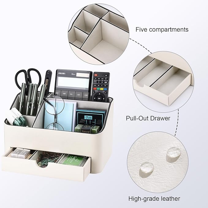 KINGFOM PU Leather Desk Organizer with Drawer, 5 Compartments Desktop Storage Caddy for Office Home Supplies, Pen Holder for Remote Control, Phone & Accessories, Mail Organizer Countertop Ivory White
