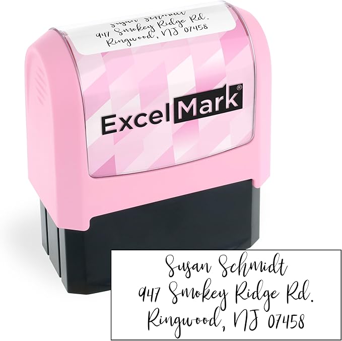 ExcelMark Address Stamp - Custom Return Address Stamp with Elegant Designs, Vibrant Colors & Patterns – Perfect for Mail, Invitations & Gifts (Pink Mount, Custom)