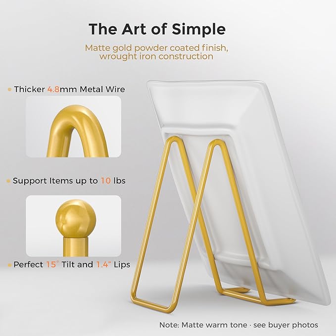 TR-LIFE Plate Stands for Display - 6 Inch Plate Holder Display Stand + Metal Frame Holder Stand for Picture, Decorative Plate, Photo Easel, Tabletop Art (Gold 2 Pack)