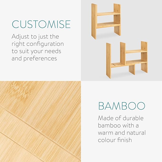 Navaris Desk Organizer Shelf Unit - Bamboo Desktop Shelves for Table or Countertop - Free-Standing Adjustable Shelving Rack for Tidy Kitchen or Office