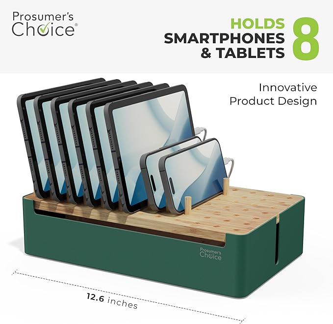 Prosumer's Choice Natural Bamboo Charging Station Rack for Smartphones and Tablets (Metal & Bamboo, Green)