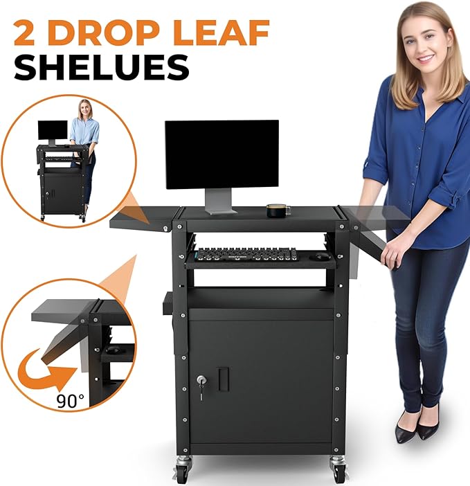 Mobile AV Cart with Pullout Keyboard Tray, Rolling Computer Cart Height Adjustable Rolling Media Utility Cart with Extra Storage Space, 4 Outlets, Perfect for Home or Office Use