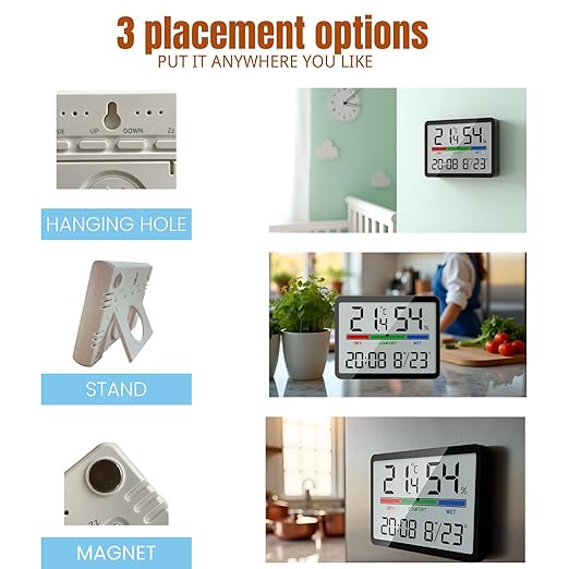 Luzsco Digital Hygrometer Indoor Thermometer, Clock with Temp & Humidity, Temp Gauge with Comfort Indicator, Wall/Magnetic/Desk Alarm Clock for Bedroom, Baby Room, Office, Kitchen, Garage (White)
