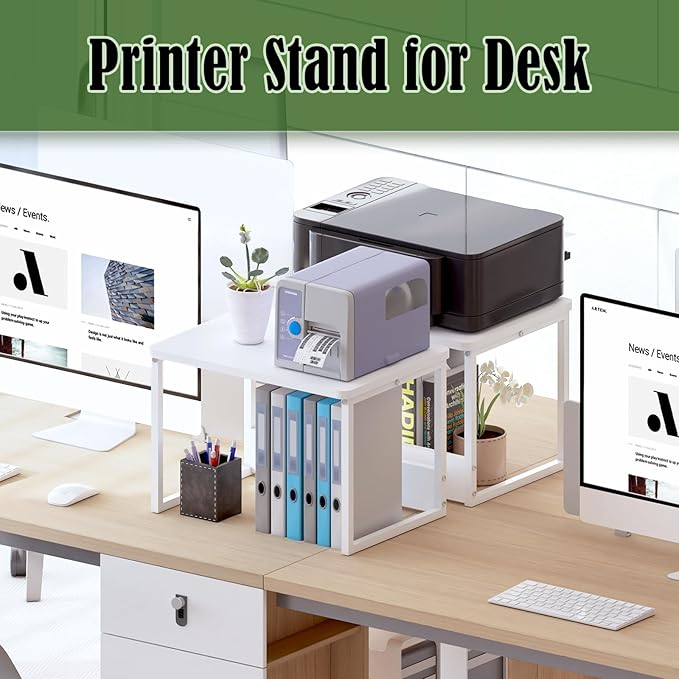 MARTY Desktop Printer Stand 2 Pack Printer Stand with Storage for Desk, Shelf Organzier for Home/Office Printer Riser Under Desk Small Table for Printer Fax Machine Scanner(White)