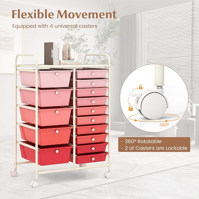 DORTALA 15-Drawer Rolling Storage Cart with Drawers, Rolling Utility Cart w/Removable Drawers & Universal Wheels, Tools Scrapbook Paper Organizer for School, Office, Home, Classroom (Gradient Pink)