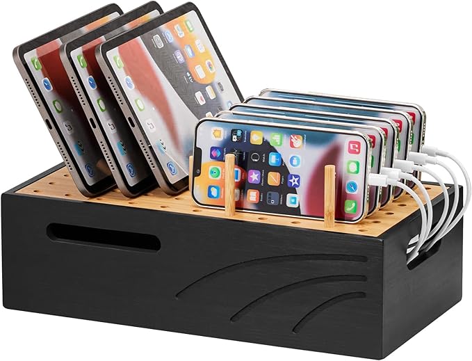 Cozivolife Bamboo Charging Station for Multiple Devices, Charger Organizer Desk Docking Stations Rack for Phones, Tablets, Laptop, Perfect to Work from Home (Natural and Black, M)