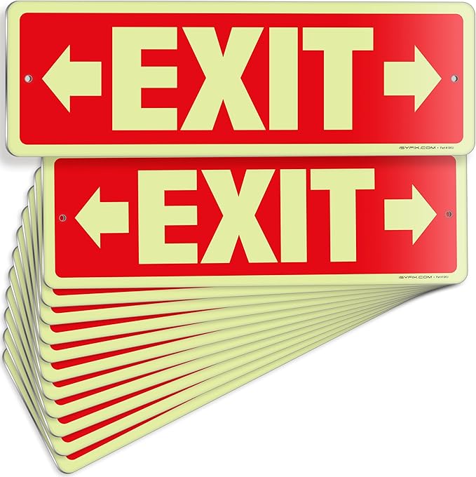 iSYFIX Exit Signs with Directional Right & Left Arrow, Glow in the Dark, Photoluminescent Aluminum 12x4 Inch - 12 Pack, Laminated for UV & Weather Resistance, Ideal for Offices, Schools, Theaters & More