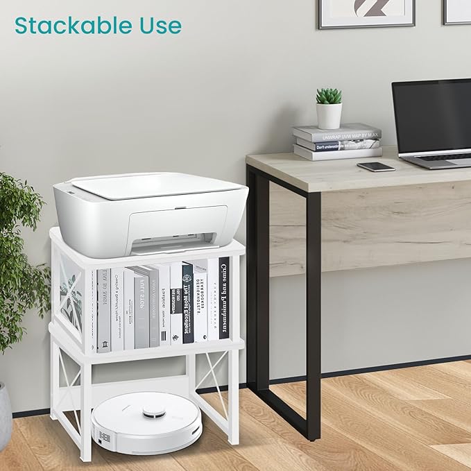 ELITEROO Desktop Printer Stand with Storage, Printer Stand Shelf Desk Organzier for Home/Office, Modern Wood Printer Riser Under Desk Small Table for Printer Fax Machine Copier Scanner (White)