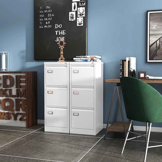 PEUKC 3-Drawer File Cabinet with Lock, 16.3" Deep Vertical Filing Cabinets, Metal File Cabinets for Home Office, Anti-Tip 3 Storage Drawers for Letter/Legal/A4/F4 Size (Assemble Required, White)