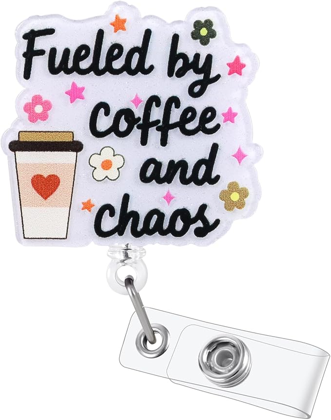 Fueled by Coffee and Chaos Funny Badge Reel | Retractable ID Card Badge Holder | Coffee Lover Badge Buddy | Office Gifts for RN CNA MA LPN ER Nurse Doctor Teachers Coworkers | Acrylic｜Alligator Clip