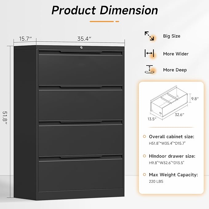Bestoo 4-Drawer File Cabinet with Lock, Metal Filing Cabinet for Home Office, Lateral Filing Storage Cabinets, Fits File Folders, Letter/Legal/F4/A4 Sizes, Assembly Required (Black)