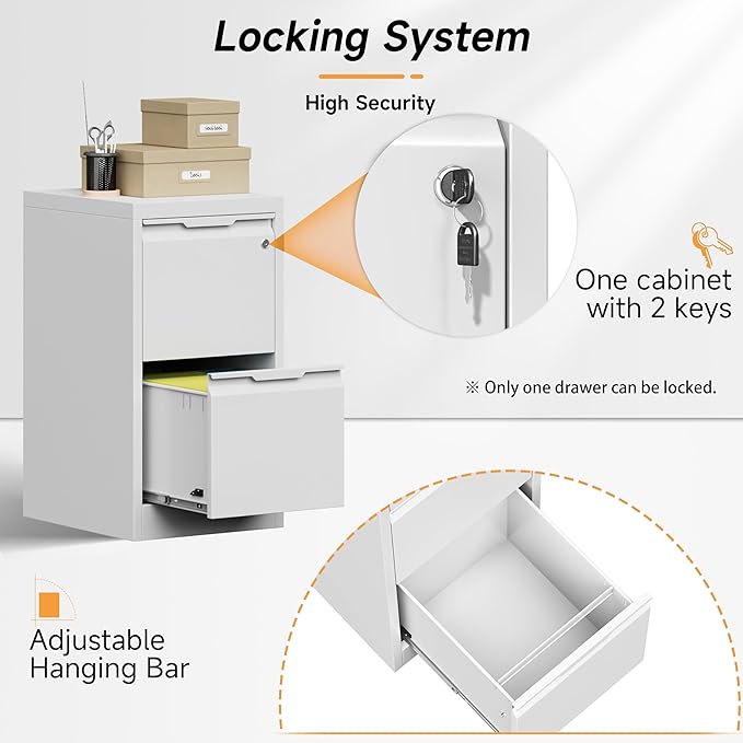 Bestoo 2-Drawer File Cabinet with Lock, Metal Filing Cabinet for Home Office, Vertical Filing Storage Cabinets, Fits File Folders, Letter/Legal/F4/A4 Size, Assembly Required (White)