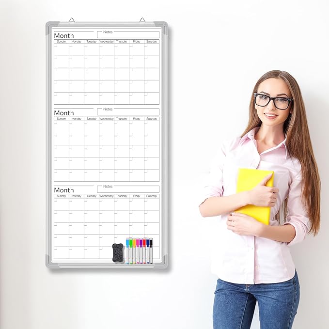 Lincia 36" x 18" Double Sides Dry Erase Calendar for Wall Undated Dry Erase Calendar Planner Aluminum Frame Whiteboard for Home School Office Projects Wall Fridge