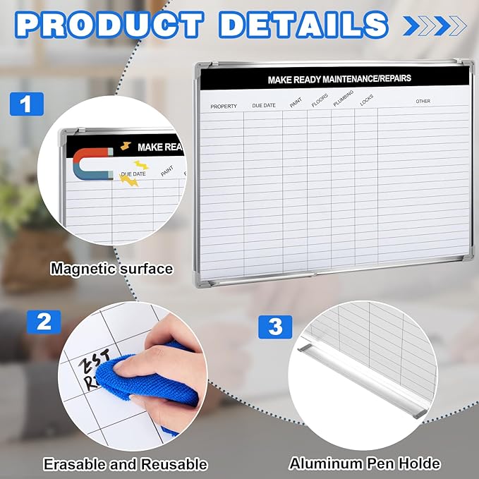 Lincia Make Ready Maintenance/Repairs Dry Erase Whiteboard Magnetic Dry Erase Board with Lines Sliding Marker Tray Aluminum Frame White Board Planner for Wall for Track Office Supplies