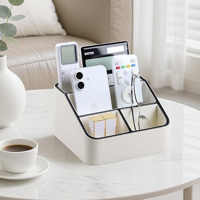 MEIBOOCH Remote Control Holder, PU Leather Small Desk Organizer with 4 Compartments, Nightstand Organizer Desk Caddy for Remote, Notepad, Phone, Glasses, and Accessories (Cream)