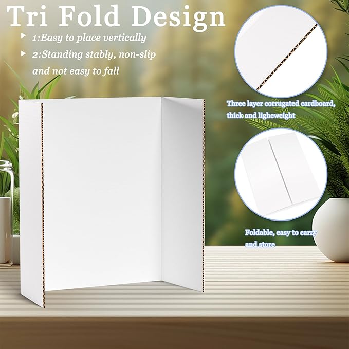 AKONEGE 12 Pack Medium Trifold Poster Board, 26" x 16" White Corrugated Cardboard Tri Fold Poster Boards for Presentation, School Projects, Science Fair, Photo Display Exhibitions Event