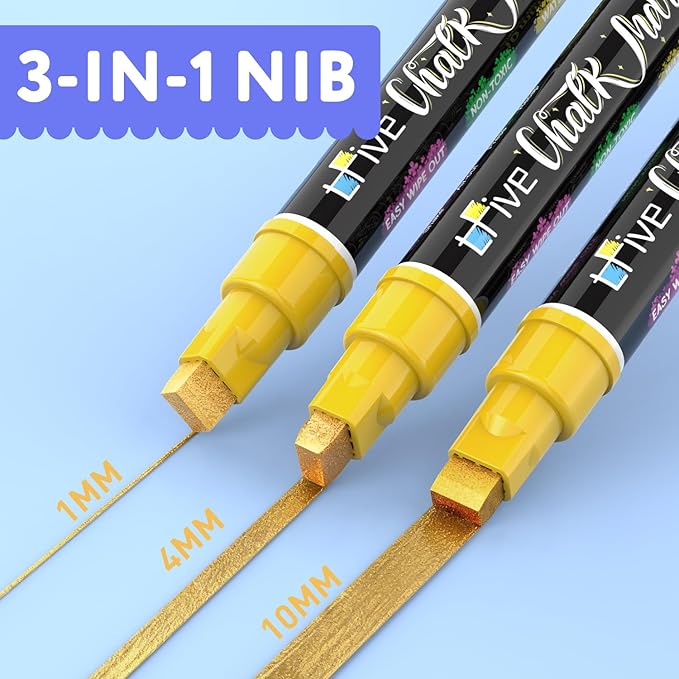 TFIVE Metallic Gold Liquid Chalk Markers - 2 Pack Jumbo Chalk Pens with 10mm 3 in 1 Nib Wide Tips, Dry & Wet Erase Marker Pens for Glass, Chalkboard, BlackBoard, Windows, Calendar, Pumpkin, Mirror
