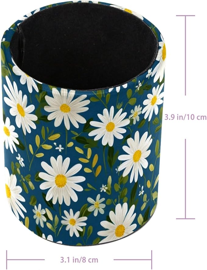 Leather Pen Holder for Desk Small Daisies Leaf Pencil Cup Desktop Organizer Makeup Brush Holders Office Supplies for Home, Kids & School