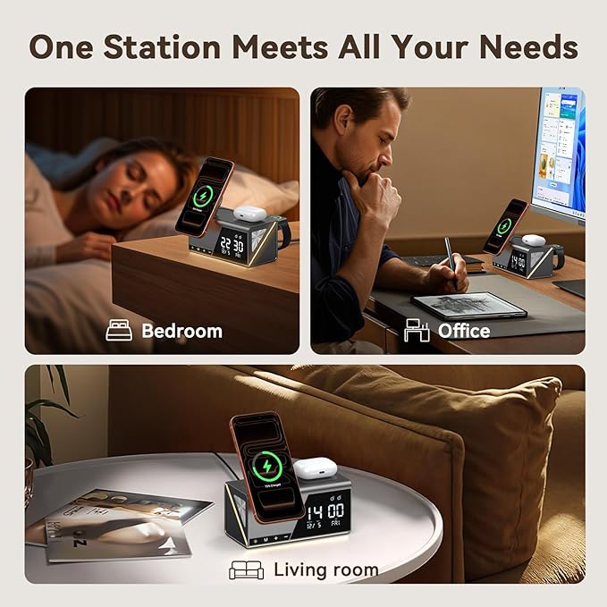 4URPC 6-in-1 Alarm Clock Wireless Charging Station for Apple Multiple Devices,MagSafe Charging Dock for iPhone 17/16/15/14/13 Series, Apple Watch, AirPods,Wireless Charger with Night Light/Alarm Clock