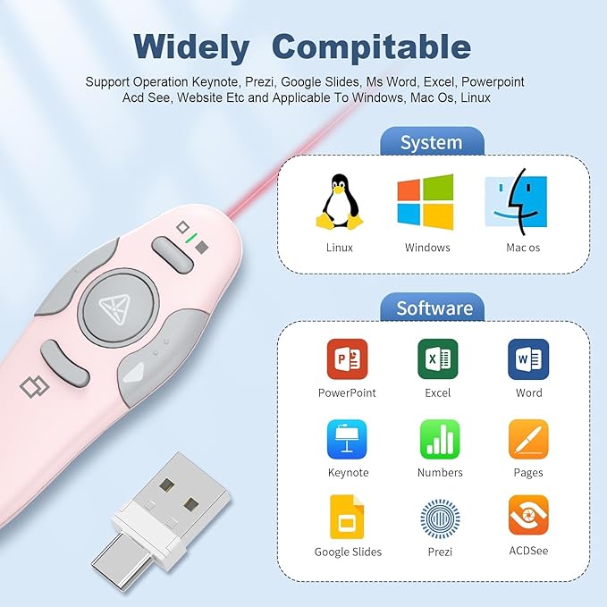QUI Presentation Clicker Wireless Presenter Remote Clicker for PowerPoint Presentation Remote, PowerPoint Slide Advancer for Mac/Windows/Linux, Google Slide/PPT/Keynote, USB A&C, Pink