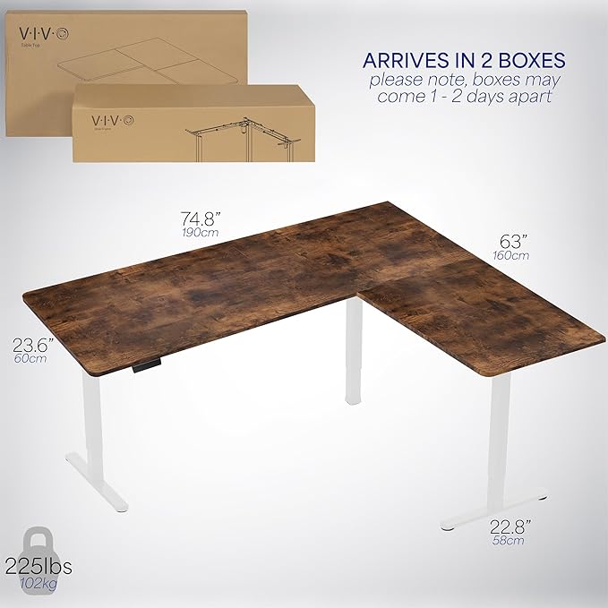 VIVO Electric Corner 75 x 63 inch L-Shaped Standing Desk, Memory Height Adjustment, Rustic Vintage Brown Top White Frame, DESK-E3CTWN-75