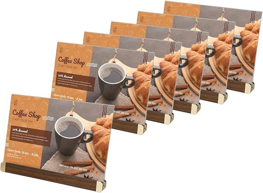 8.5 x 11 Menu Holder, Acrylic Table Menu Stand, Classic Wooden Sign Holder, Double Sided Display Table Top Paper Holder, for Bar, Cafe, Restaurant, Store, Certificate, Document (Horizontal, 6pack)