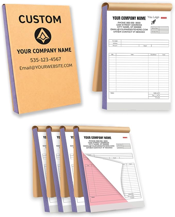 Custom Carbonless Invoice Book with Logo, Personalized Cover & Inner Pages, 2 Part NCR Receipt & Work Order Forms, Easy Tear, Writing Shield for Small Business (2-Part [White/Red], 11.8x8.3INCH)