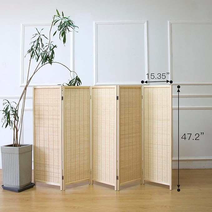 Furnnylane 5 Panel Short Room Divider Screen,Beige Freestanding Partition,Small Bamboo Panel Divider for Room Seperation,3.95 FT Tall