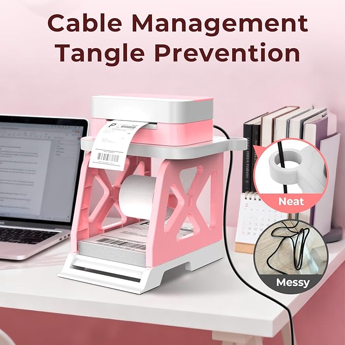 Guermok 3-in-1 Thermal Label Holder Stand for Printer – Desk Organizer for Roll & Fan-Fold Labels, Cable Management, Easy Assembly for Home, Office, Retail & Small Business(Pink)