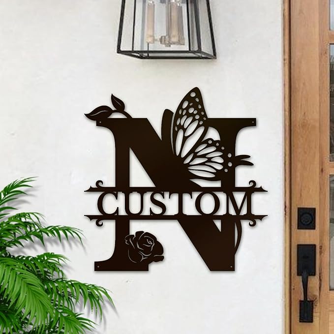 Personalized Custom Letter Name metal Signs,Custom Black Letter Monogram Wall Art Decor,Metal Signs Plaques Outdoor wall Decorative Signage (N)