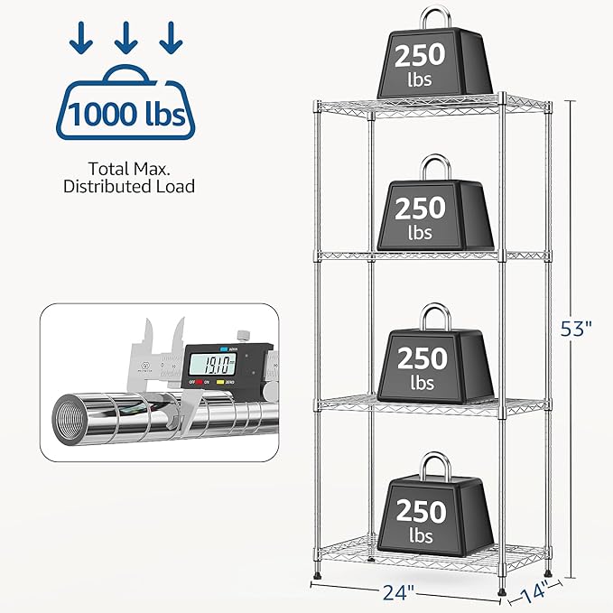M MZG 1000 lbs 4Tier Shelf Metal Storage Shelves Wire Rack Closet Organizers with Wheel for Garage Kitchen Bathroom Laundry Chrome 13.7" D x 23.6" W x 53.4" H