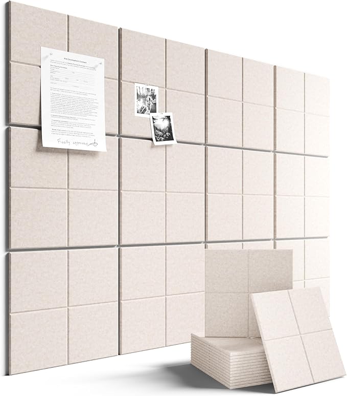 Large Felt Bulletin Board 48" x 36", 12-Pack 4-Compartment Wall Organizer, Cork Board Alternative with 70 Removable Adhesive Tabs, Modular Felt Panels for Home Office, Classroom and Study-Oatmeal