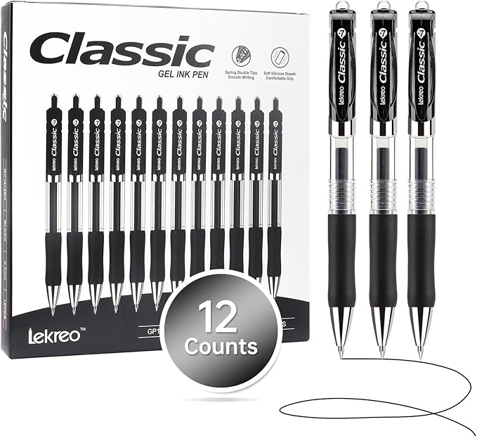 Lekreo Classic Retractable Gel Roller Pens, 0.7mm Fine Point (Black Ink- 12 Packs)