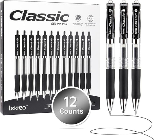 Lekreo Classic Retractable Gel Roller Pens, 0.7mm Fine Point (Black Ink- 12 Packs)