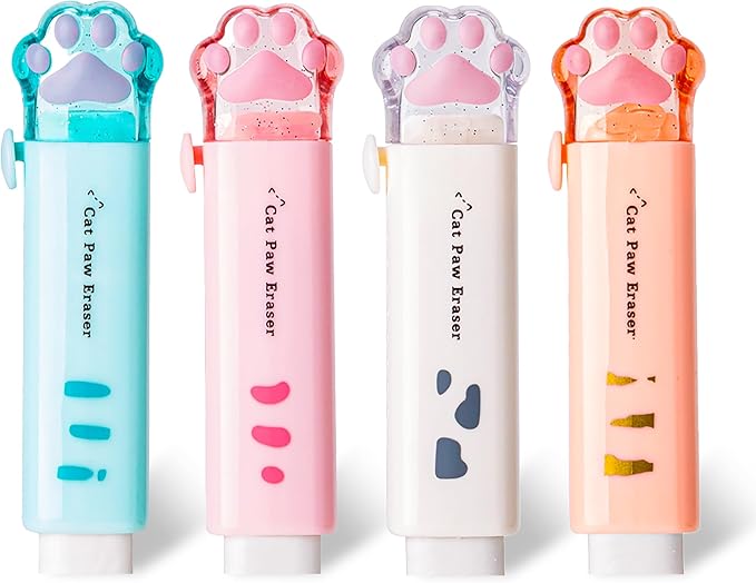 PANDENNER Retractable Pencil Eraser, Cute Erasers,Cat Paw Eraser,Suitable for School Home Office Supplies, 4Pcs (Eraser-BLFC)