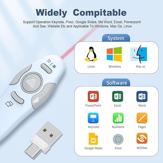 QUI Presentation Clicker Wireless Presenter Remote Clicker for PowerPoint Presentation Remote, PowerPoint Slide Advancer for Mac/Windows/Linux, Google Slide/PPT/Keynote, USB A&C, Blue